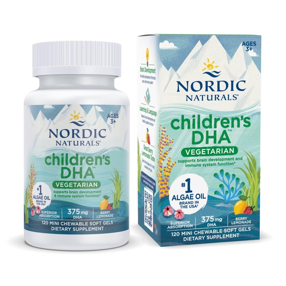 Nordic Naturals Children's DHA Vegetarian berry-lemonade bottle—plant-based DHA for kids' brain and eye support.