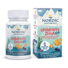 Nordic Naturals Children's DHA Xtra berry punch bottle on shelf supports daily brain health