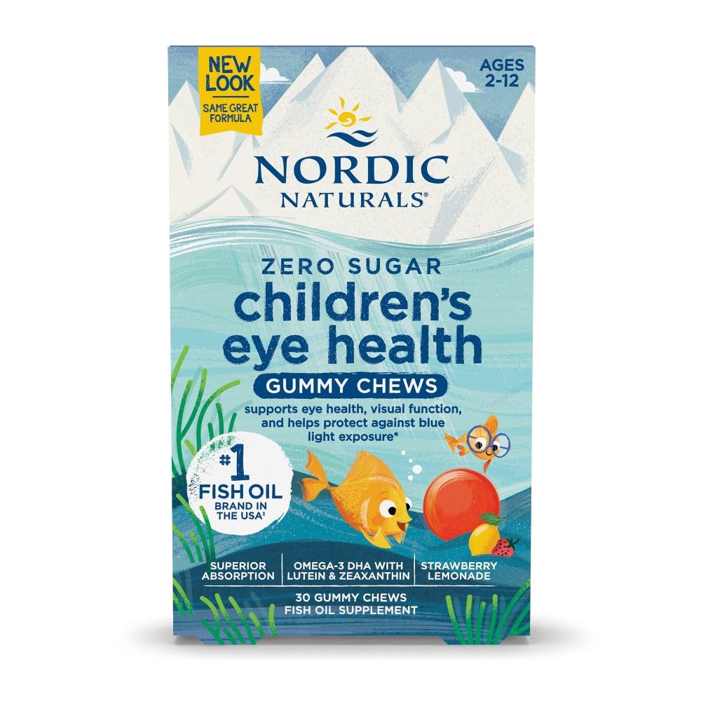 Nordic Naturals Children’s Eye Health Gummies bottle, strawberry lemonade flavor for daily eye support.