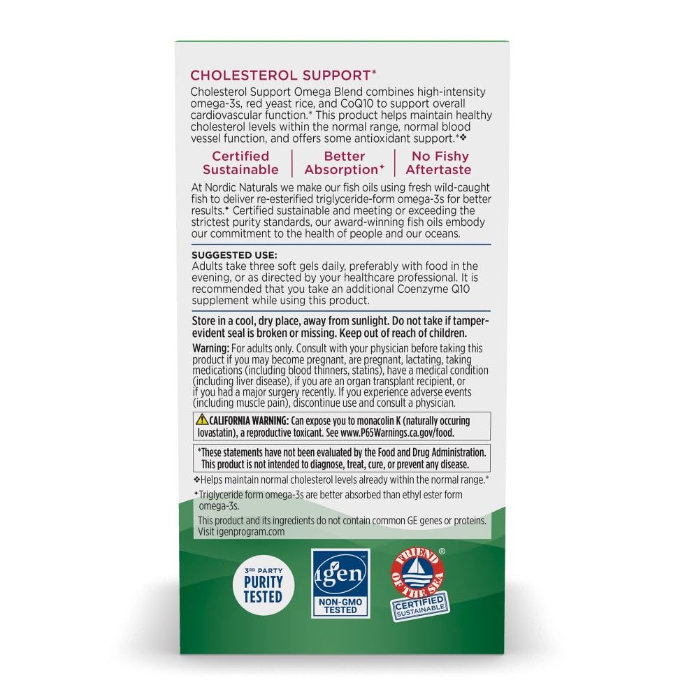 Nordic Naturals Cholesterol Support label highlighting non-GMO and gluten-free ingredients