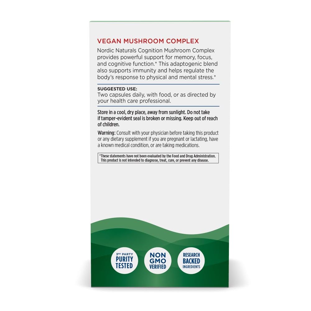 Capsules of Nordic Naturals Cognition Mushroom Complex ready for daily intake