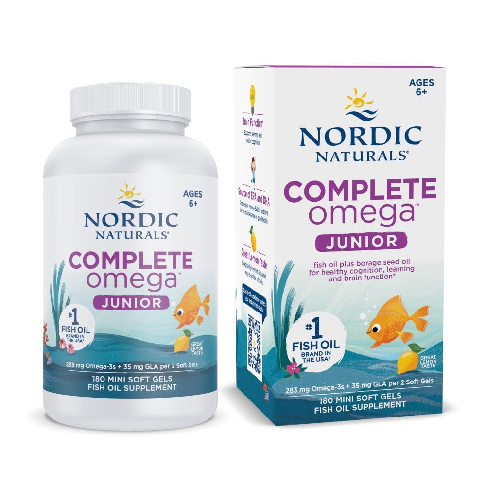 Nordic Naturals Complete Omega Jr. lemon bottle closeup shows easy daily omega-3 intake.
