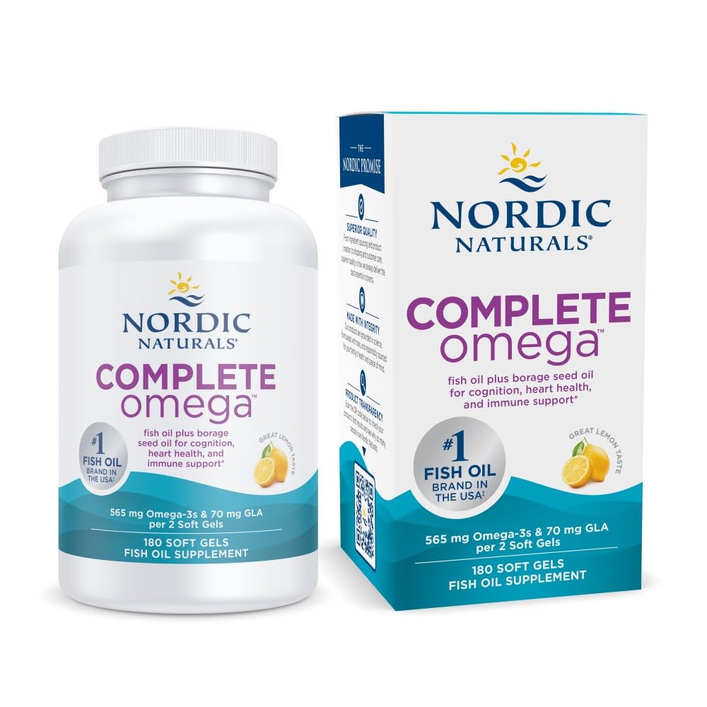 Nordic Naturals Complete Omega lemon bottle shows clear label and omega-3 blend.