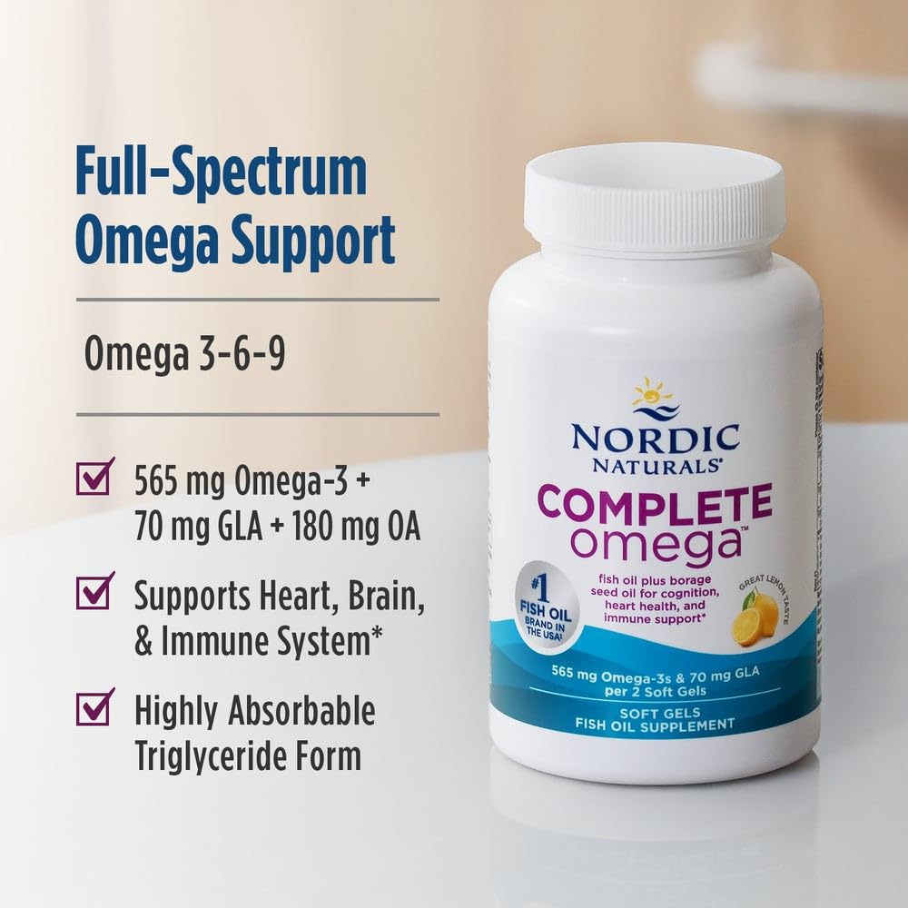 Nordic Naturals Complete Omega lemon glass of soft gels highlights serving size clarity.