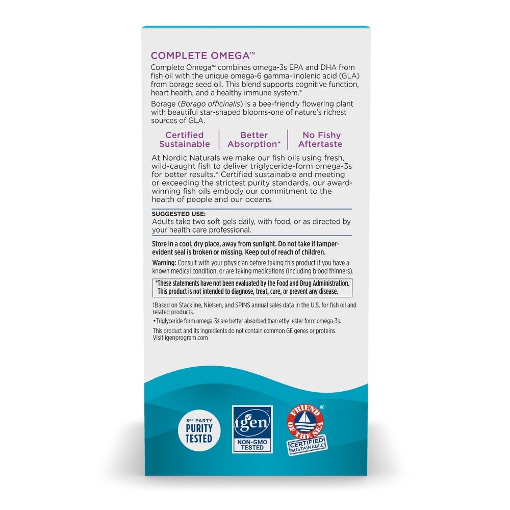 Nordic Naturals Complete Omega lemon label close-up shows purity and balanced fatty acids.