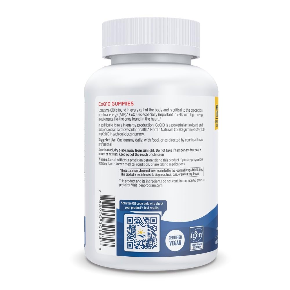 Nordic Naturals CoQ10 Gummies packaging box; vegan, non-GMO formula.
