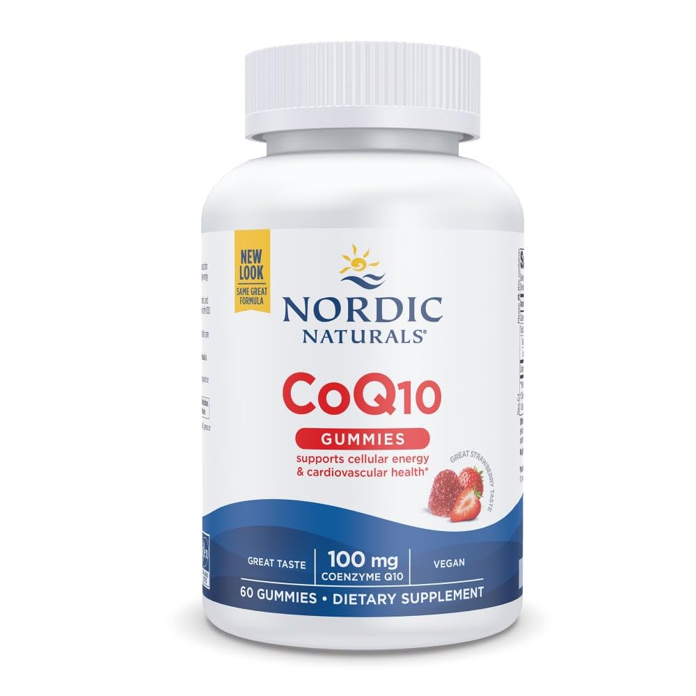 Nordic Naturals CoQ10 Gummies strawberry bottle; supports cellular energy production.