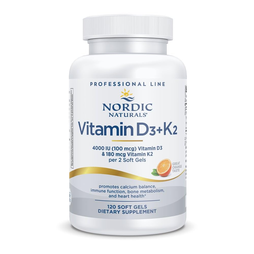 Nordic Naturals D3+K2 orange bottle front showing daily calcium balance support.