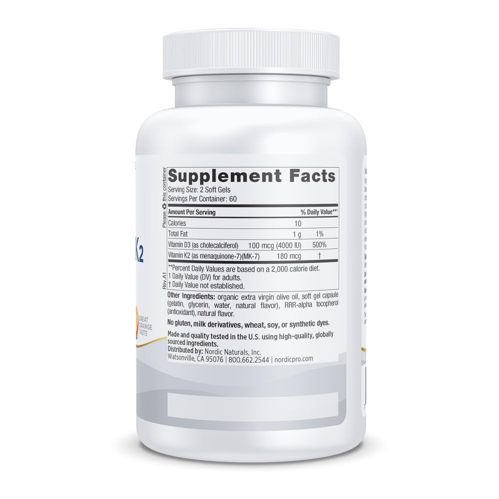 Nordic Naturals D3+K2 bottle label detail with dosage and nutrient highlights.