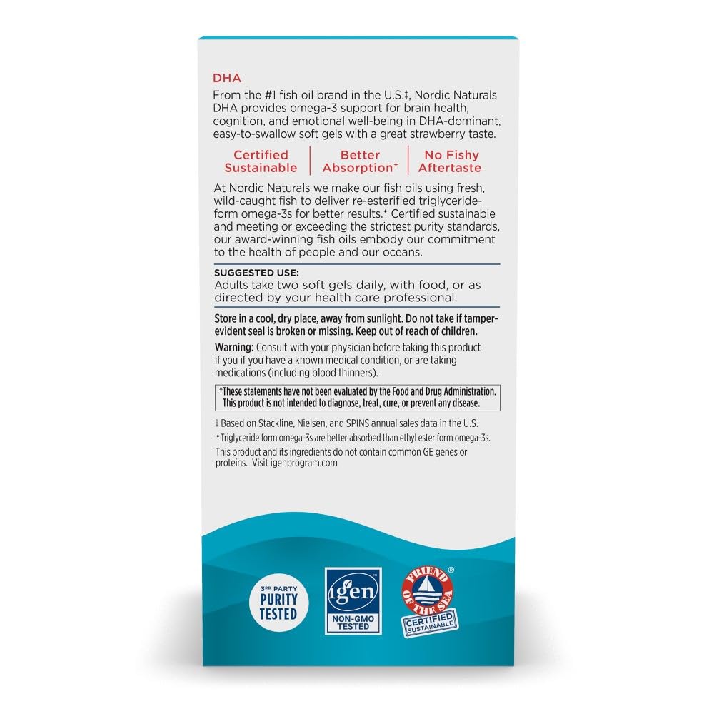 Back label on Nordic Naturals DHA Strawberry bottle shows purity and non-GMO details.