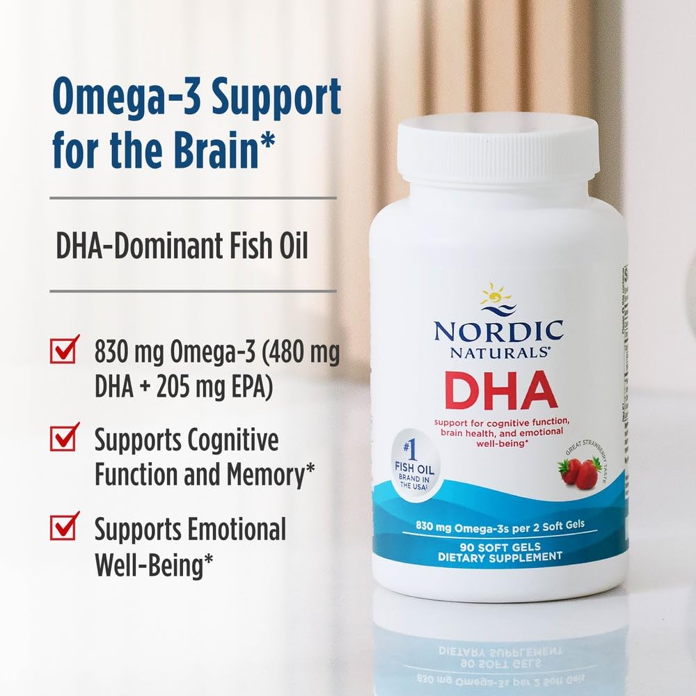 Nordic Naturals DHA Strawberry bottle shows gluten and dairy free claim.
