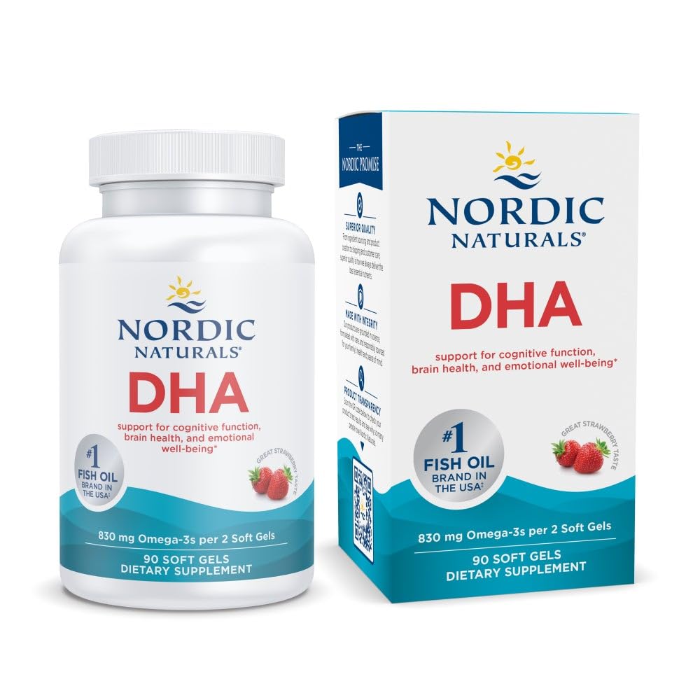 Nordic Naturals DHA Strawberry soft gels bottle for daily brain support.