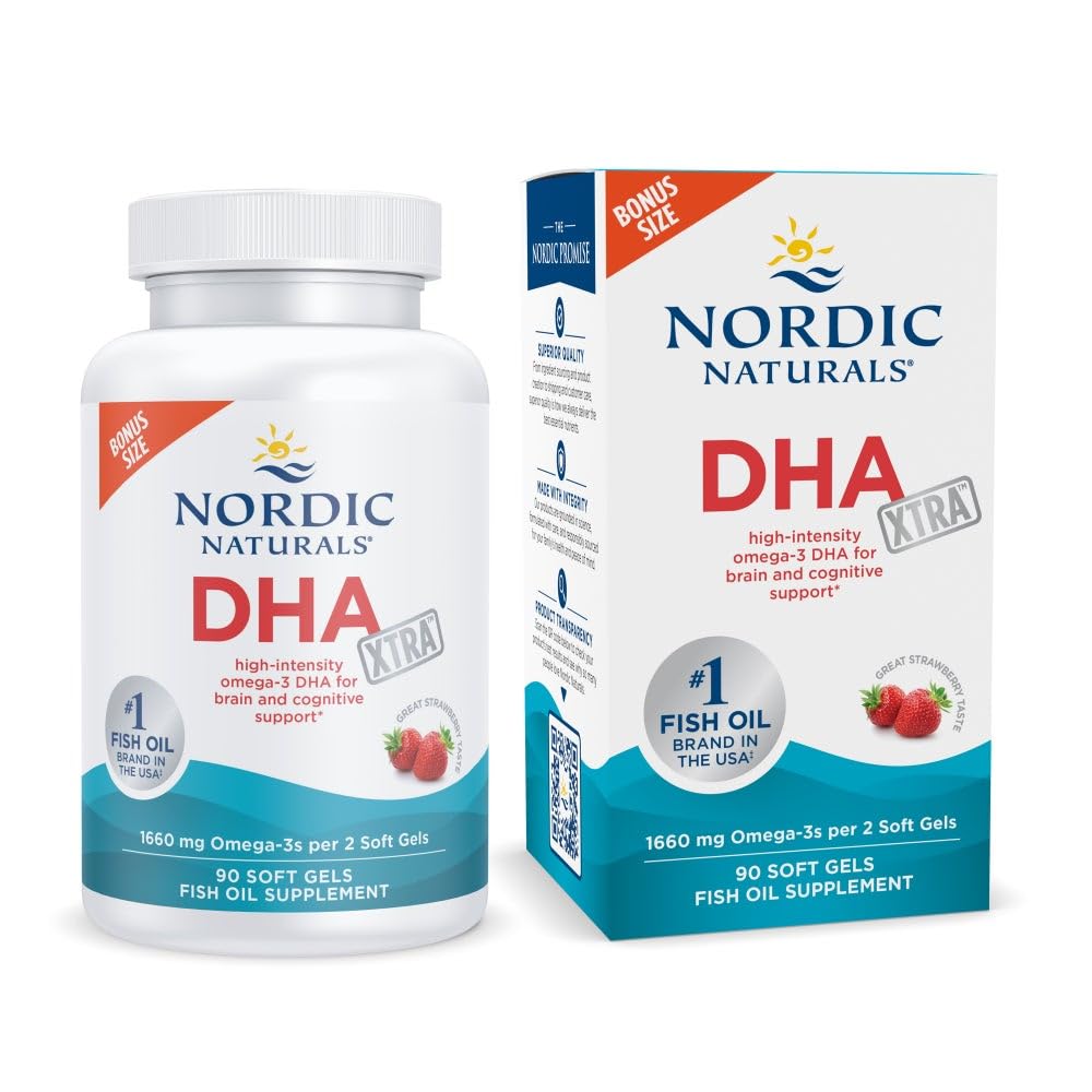 Nordic Naturals DHA Xtra strawberry bottle showing high-potency DHA formula for brain support