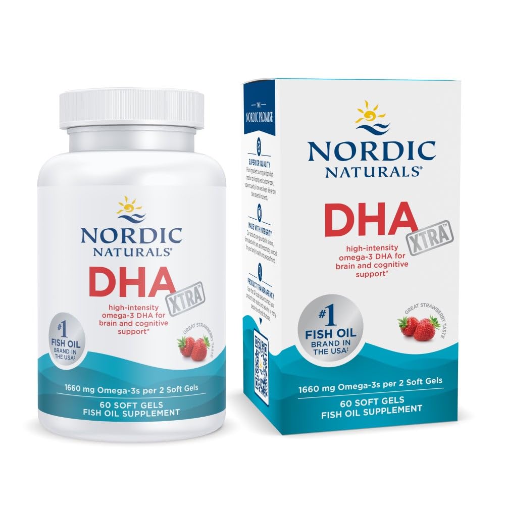 Nordic Naturals DHA Xtra strawberry bottle showing high-DHA formula for daily cognitive focus
