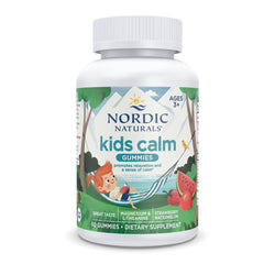 Nordic Naturals Kids Calm Gummies bottle shows strawberry watermelon flavor for calm evenings.