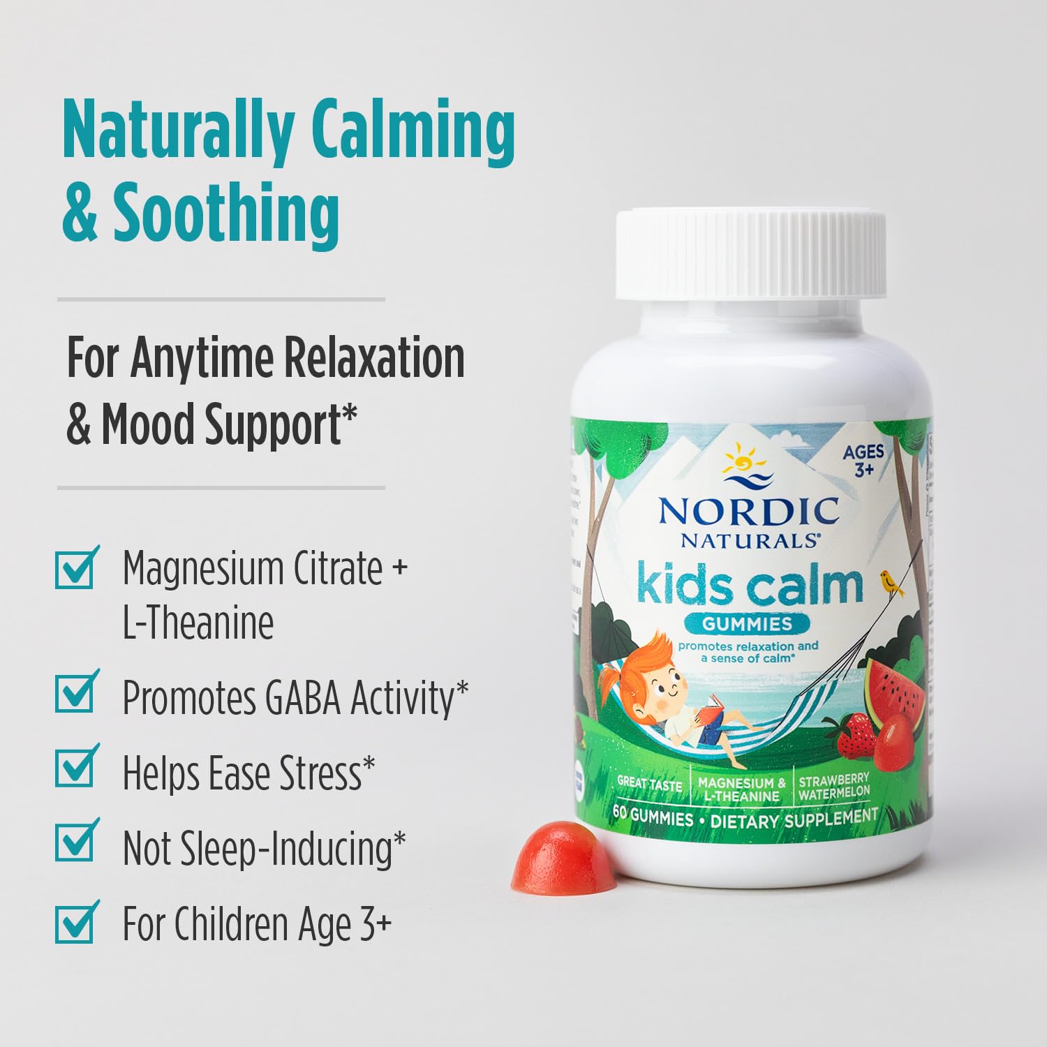 Nordic Naturals Kids Calm Gummies packaging communicates kid-friendly serving sizes.