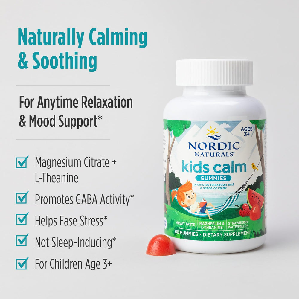 Nordic Naturals Kids Calm Gummies packaging communicates kid-friendly serving sizes.