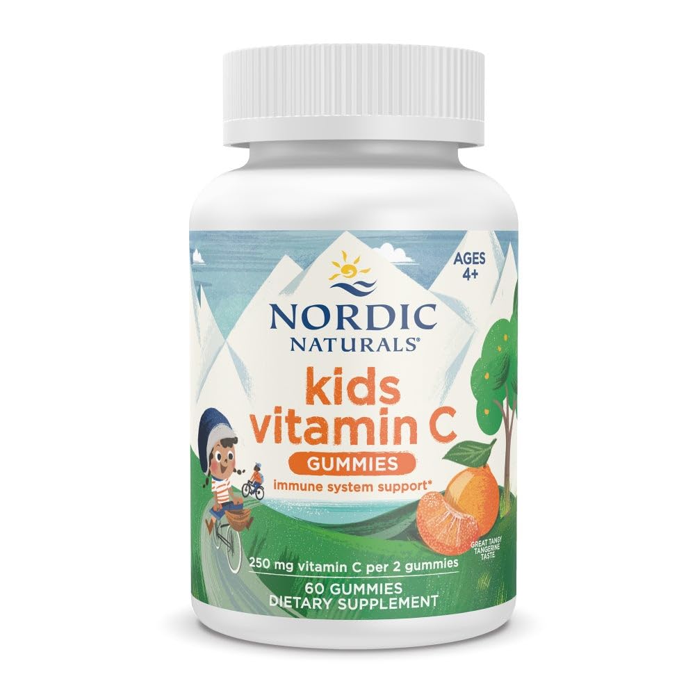Nordic Naturals Kids Vitamin C Gummies bottle close-up, tangy tangerine flavor, supports daily immune health.