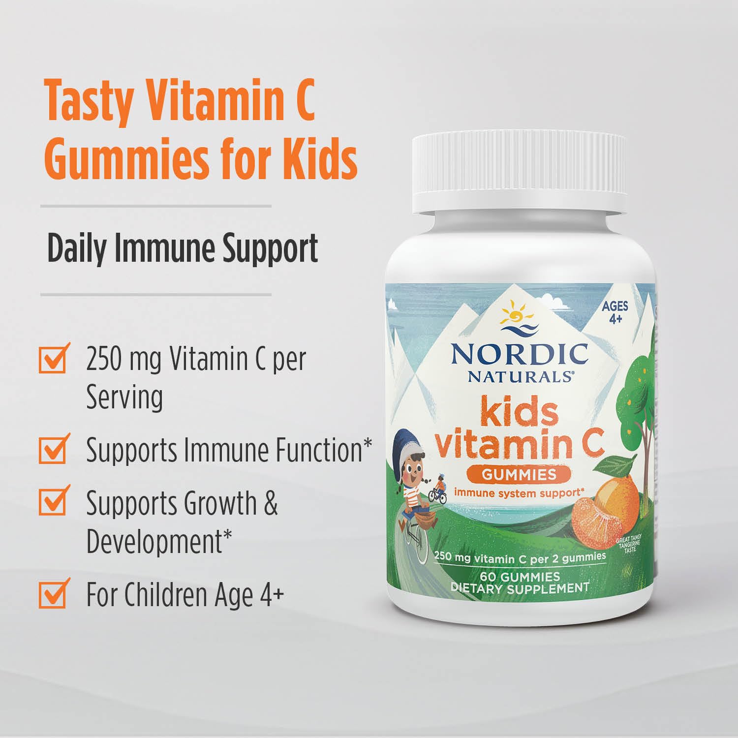 Nordic Naturals Kids Vitamin C Gummies bottle on kitchen counter, easy daily ritual for kids.