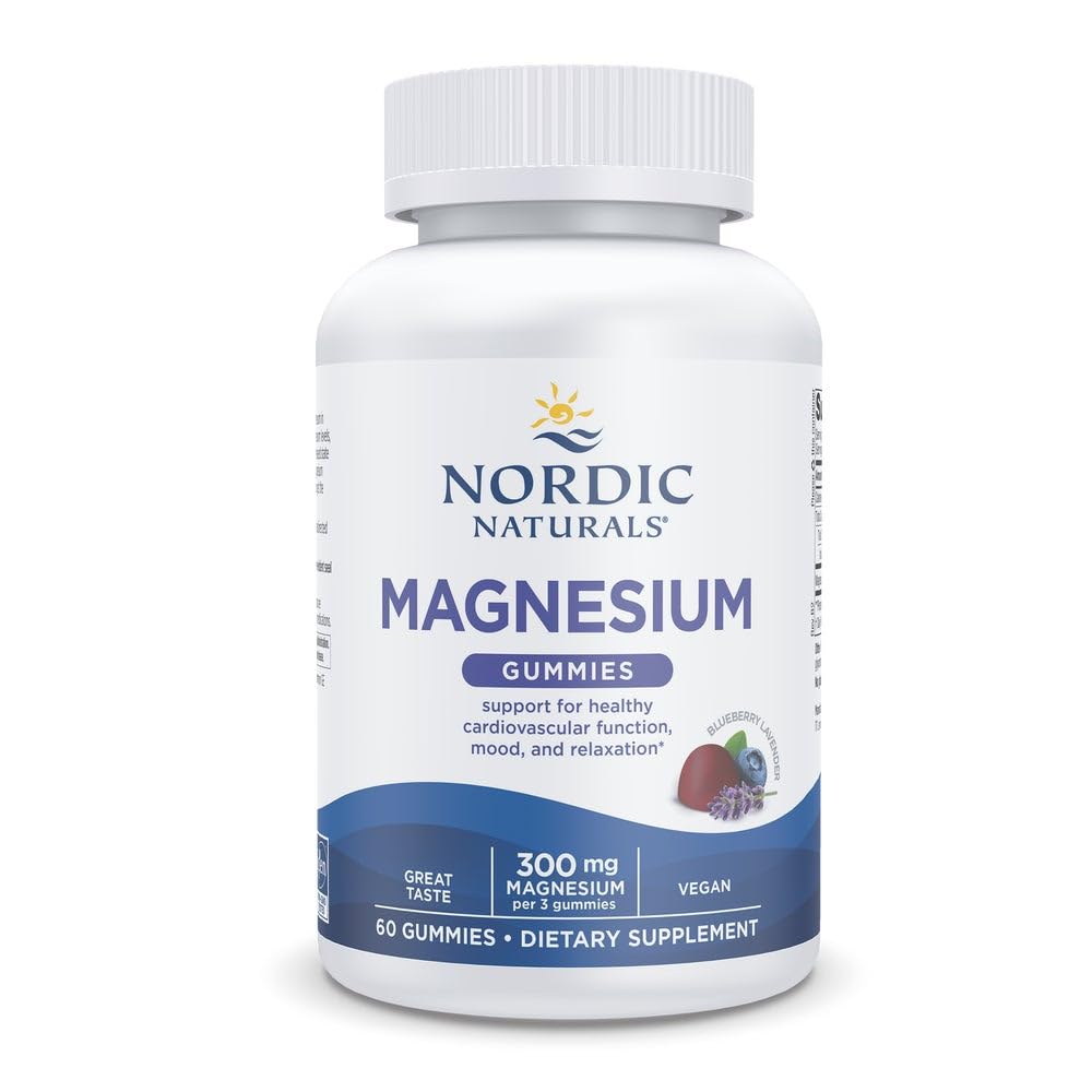 Nordic Naturals Magnesium Gummies bottle with blueberry-lavender flavor for daily wellness.
