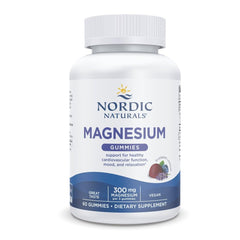 Nordic Naturals Magnesium Gummies bottle with blueberry-lavender flavor for daily wellness.