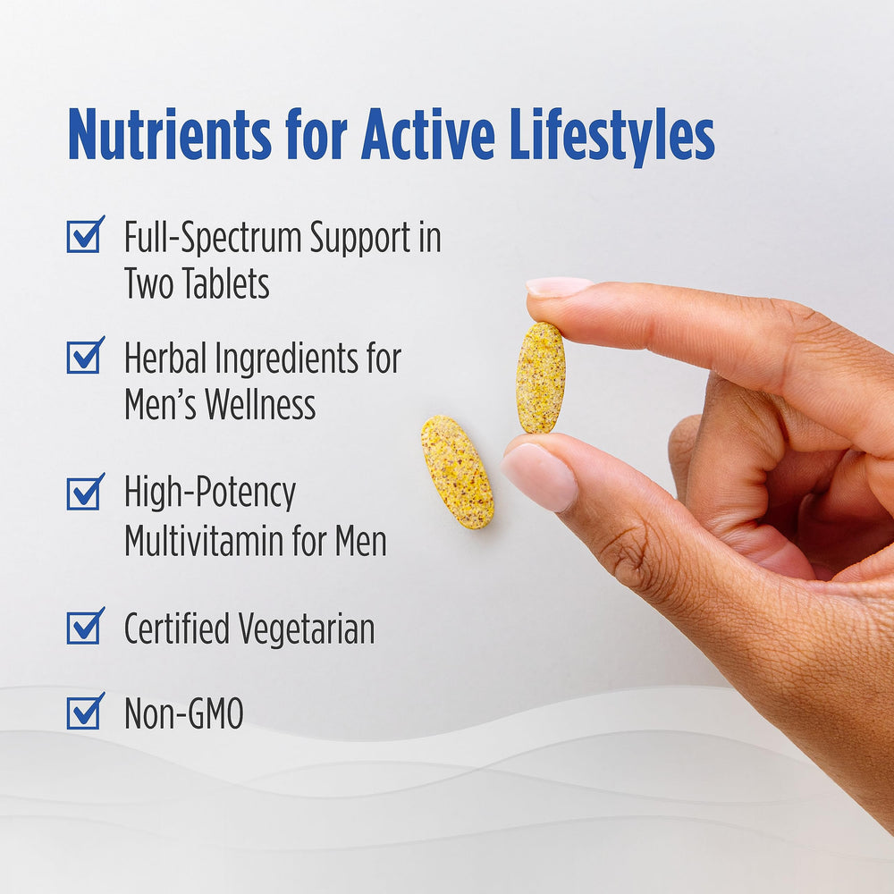 Glass of water beside Nordic Naturals Men’s Multivitamin tablets during daily intake