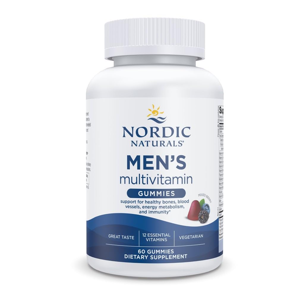 Nordic Naturals Men's Multivitamin Gummies bottle with mixed berry flavor supports daily energy.