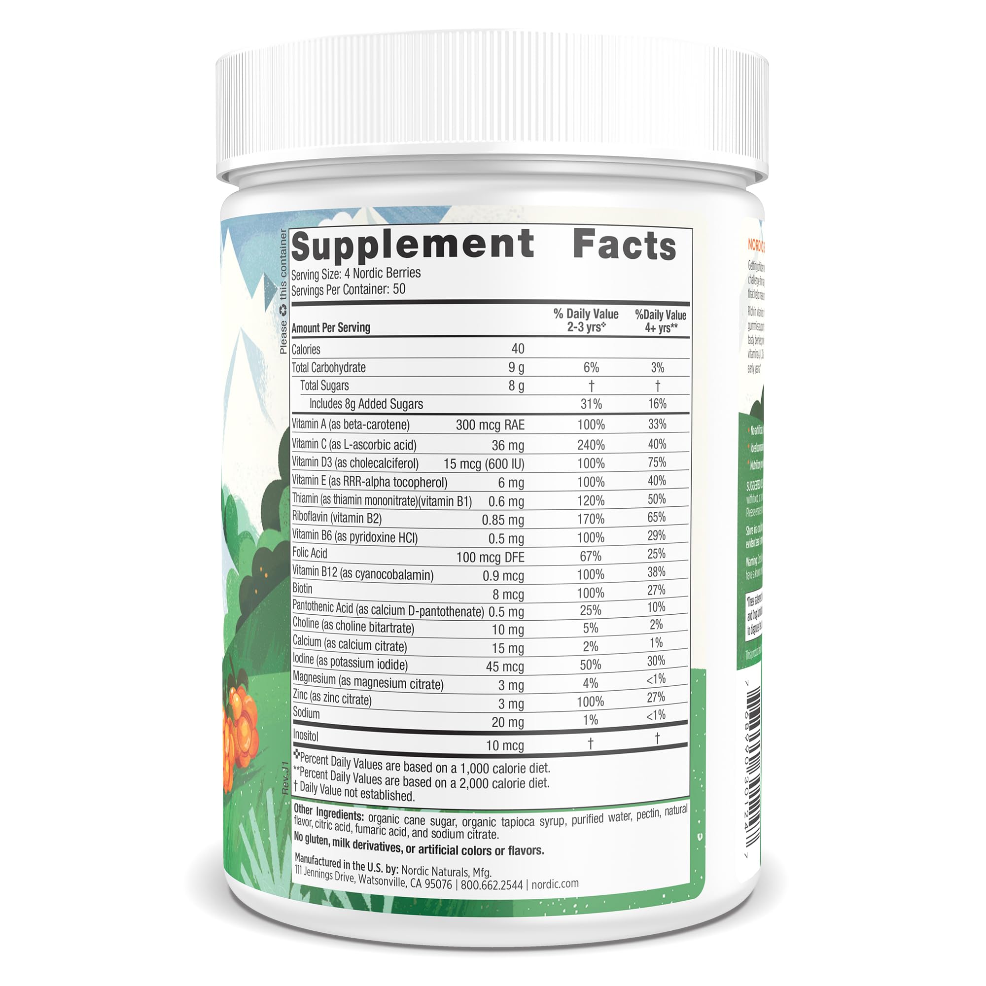 Detail of Nordic Berries label highlighting vegetarian, non-GMO formula