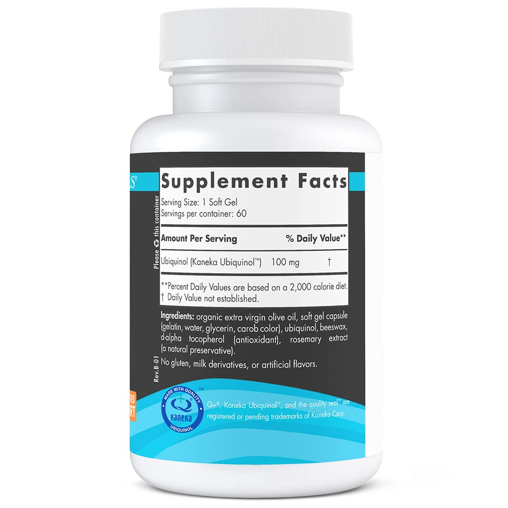 Nordic Naturals CoQ10 Ubiquinol Sport purity icons indicate non-GMO and allergen-free