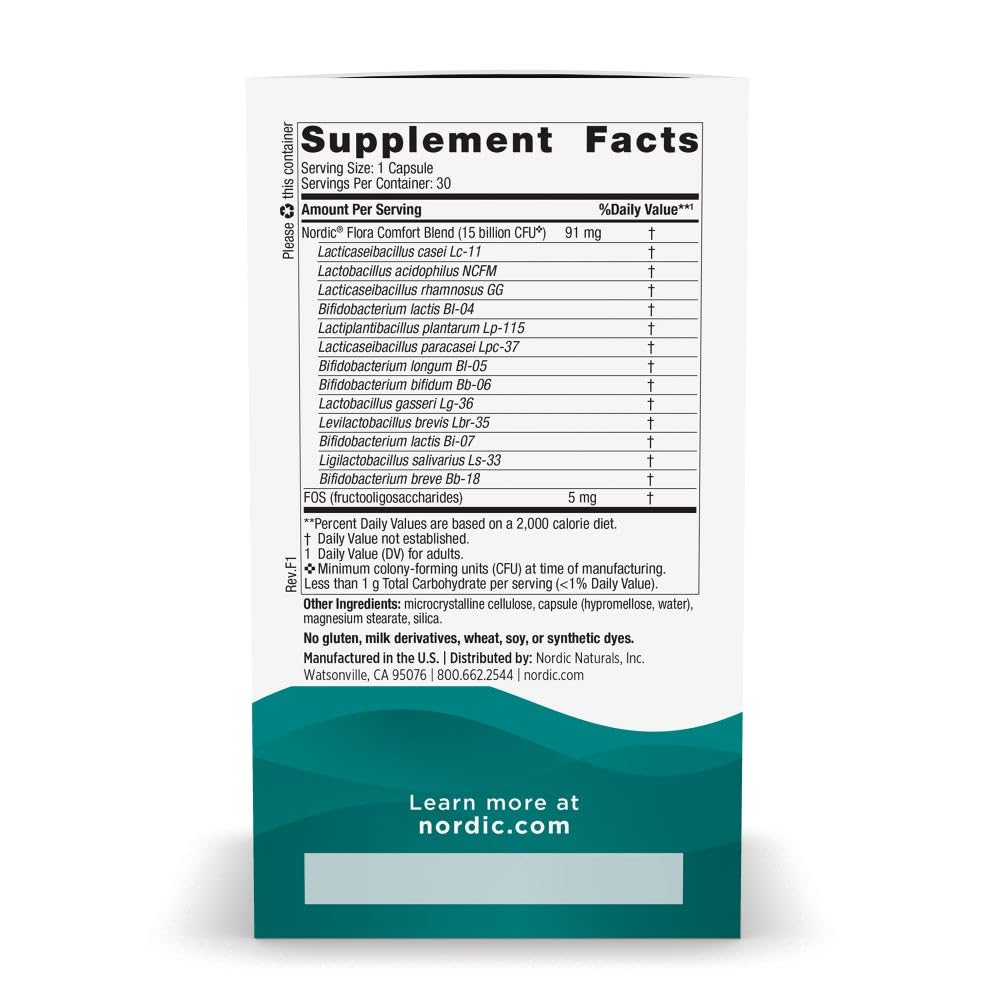 Nordic Naturals Nordic Flora Probiotic Comfort label highlights 13 strains and 15 billion cultures.