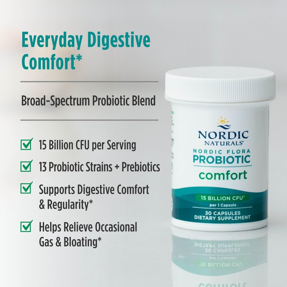 Nordic Naturals Nordic Flora Probiotic Comfort packaging emphasizes purity and non-GMO claims.