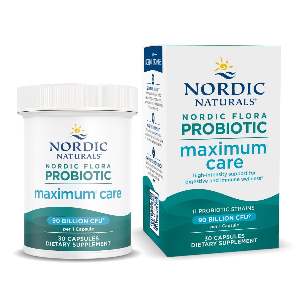 Nordic Naturals Nordic Flora Probiotic Maximum Care bottle for daily digestive support.