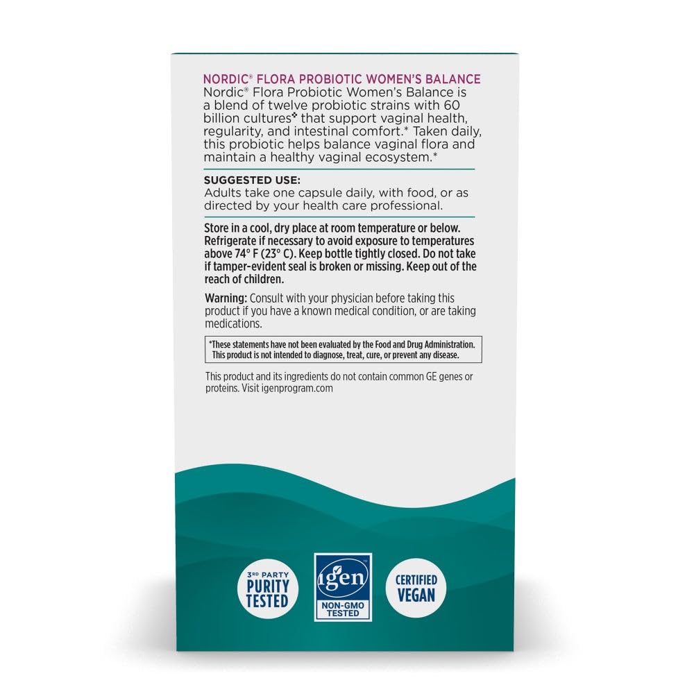 Nordic Naturals Nordic Flora Probiotic Women's Balance label close-up showing vegan, non-GMO formulation