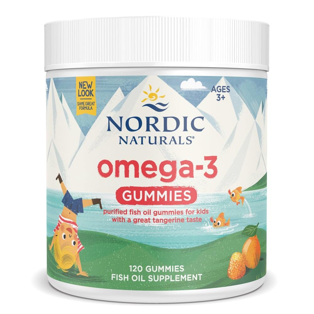Nordic Naturals Nordic Omega-3 Gummies Tangerine bottle shows kid-friendly omega-3 goodness.