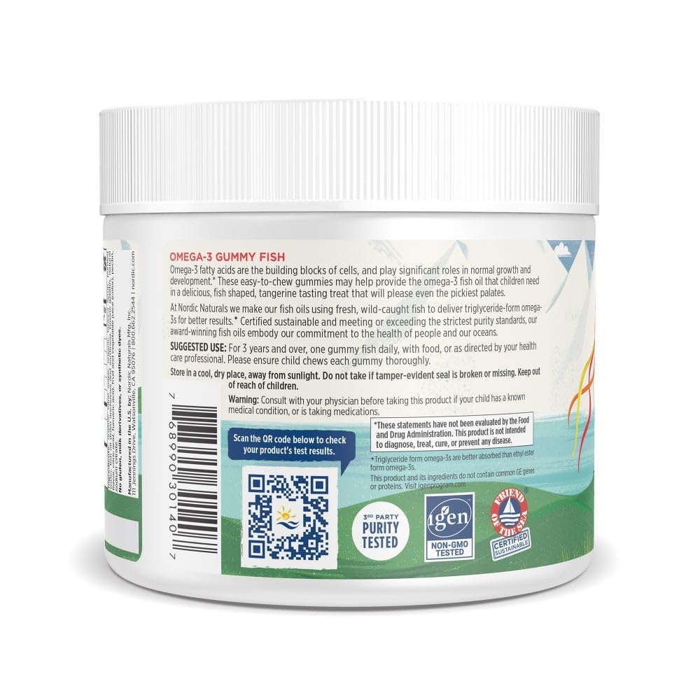 Nordic Naturals non-GMO, gluten-free, dairy-free label emphasizes purity and safety