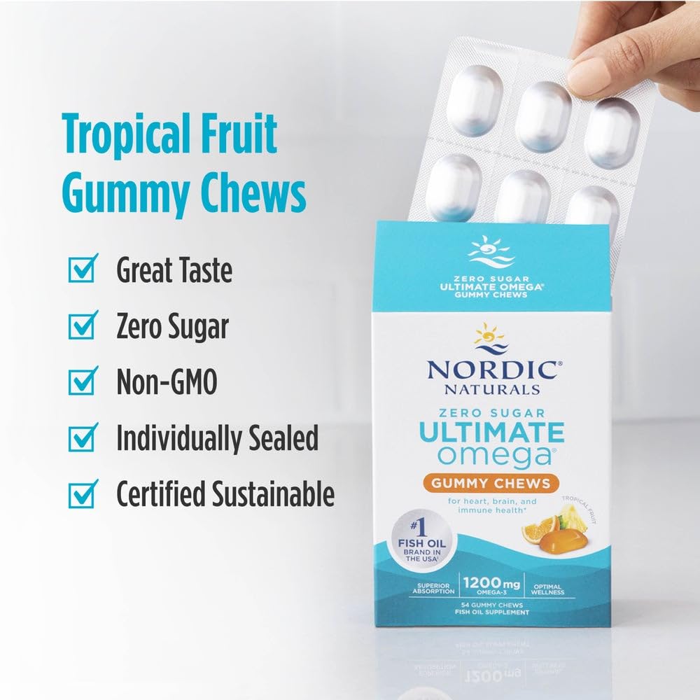 Nordic Naturals Omega-3 gummies close-up showing easy-to-chew tropical texture