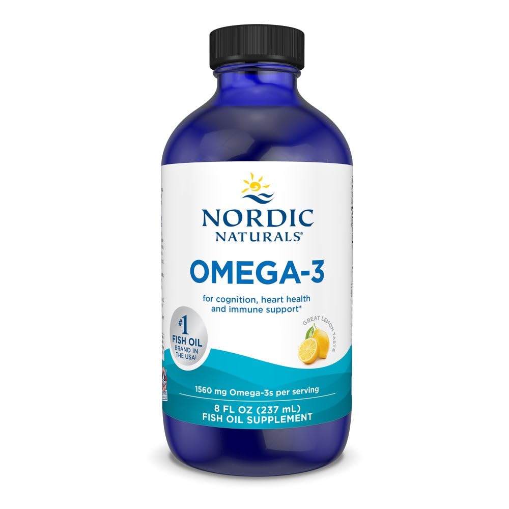 Nordic Naturals Omega-3 Lemon bottle front shows the label for daily heart and brain support
