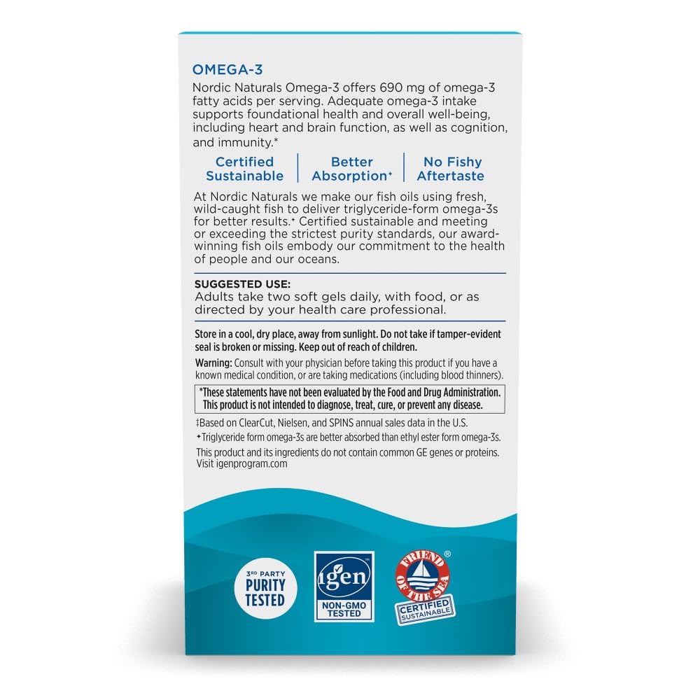 Nordic Naturals Omega-3 lemon bottle label highlights purity and non-GMO formula