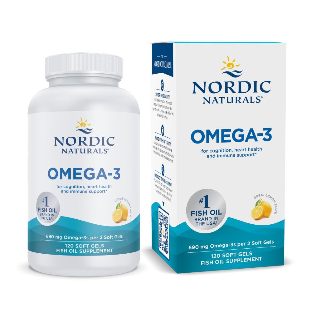 Nordic Naturals Omega-3 lemon soft gels in bottle for daily heart and brain wellness.