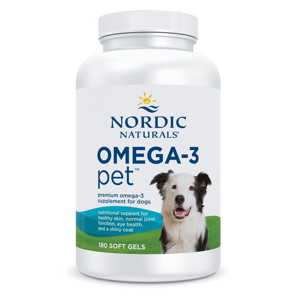 Nordic Naturals Omega-3 Pet bottle closeup emphasizing purity and quality for dogs
