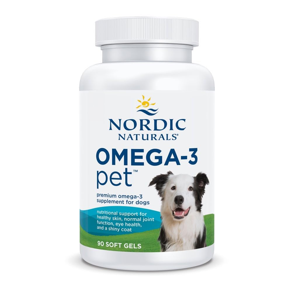 Nordic Naturals Omega-3 Pet bottle with soft gels for easy daily use and coat support.