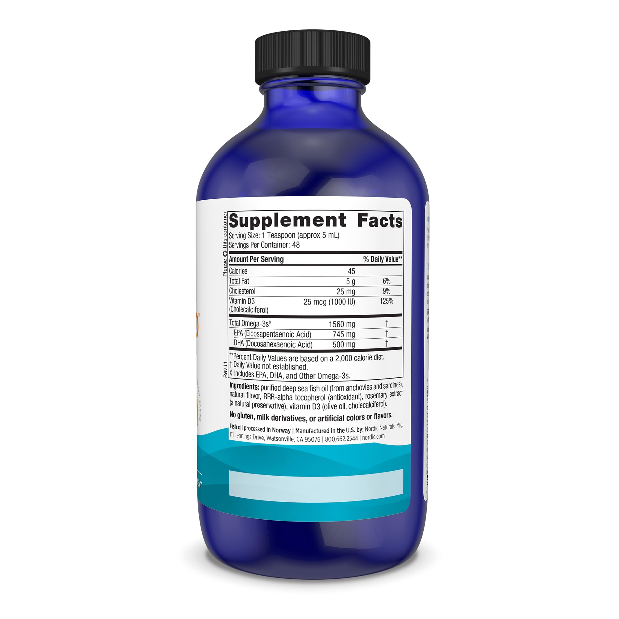 Nordic Naturals Omega-3D label-ingredients transparency on purity and non-GMO ingredients.