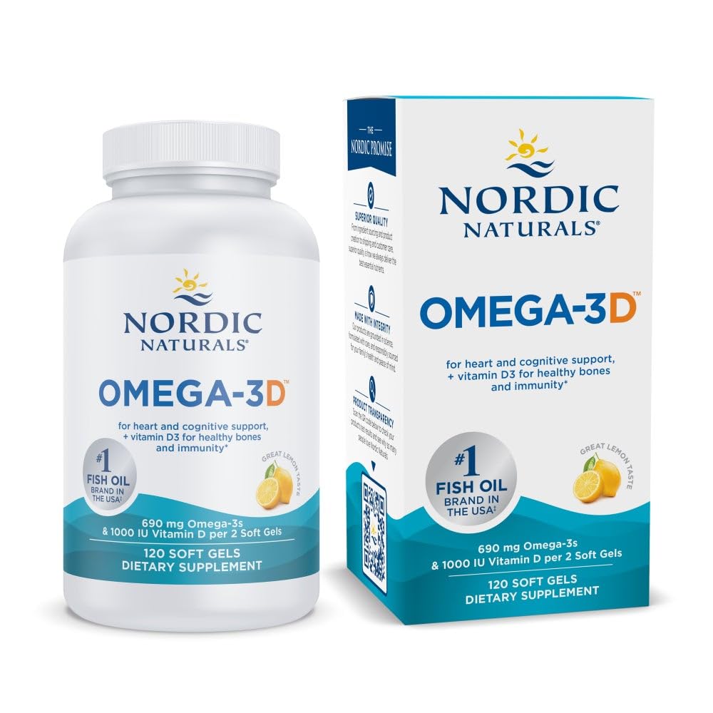 Nordic Naturals Omega-3D lemon bottle with bright label for daily heart and brain support.
