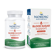 Nordic Naturals Omega Blood Sugar lemon bottle on the counter supporting daily metabolism.