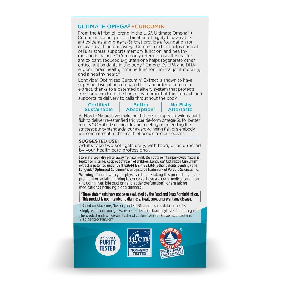 Nordic Naturals Omega Curcumin bottle label emphasizes quality ingredients and non-GMO purity.