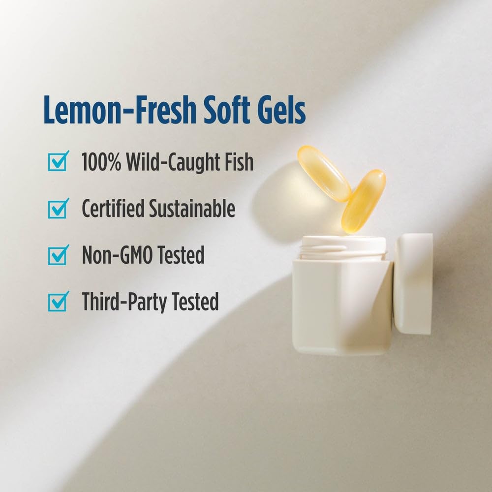 Nordic Naturals Omega-D3 Lemon softgels packaging lists ingredients and non-GMO attributes.