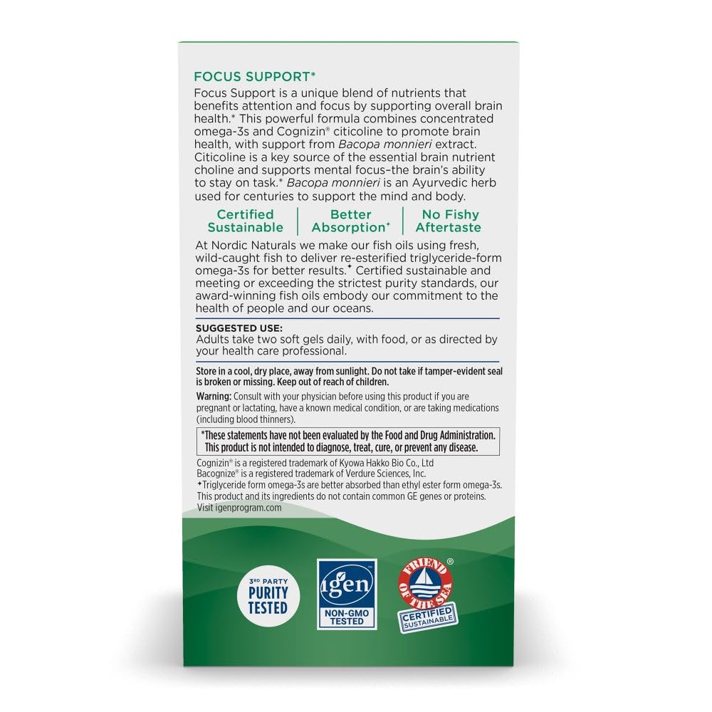 Omega Focus label up close highlighting purity and non-GMO quality