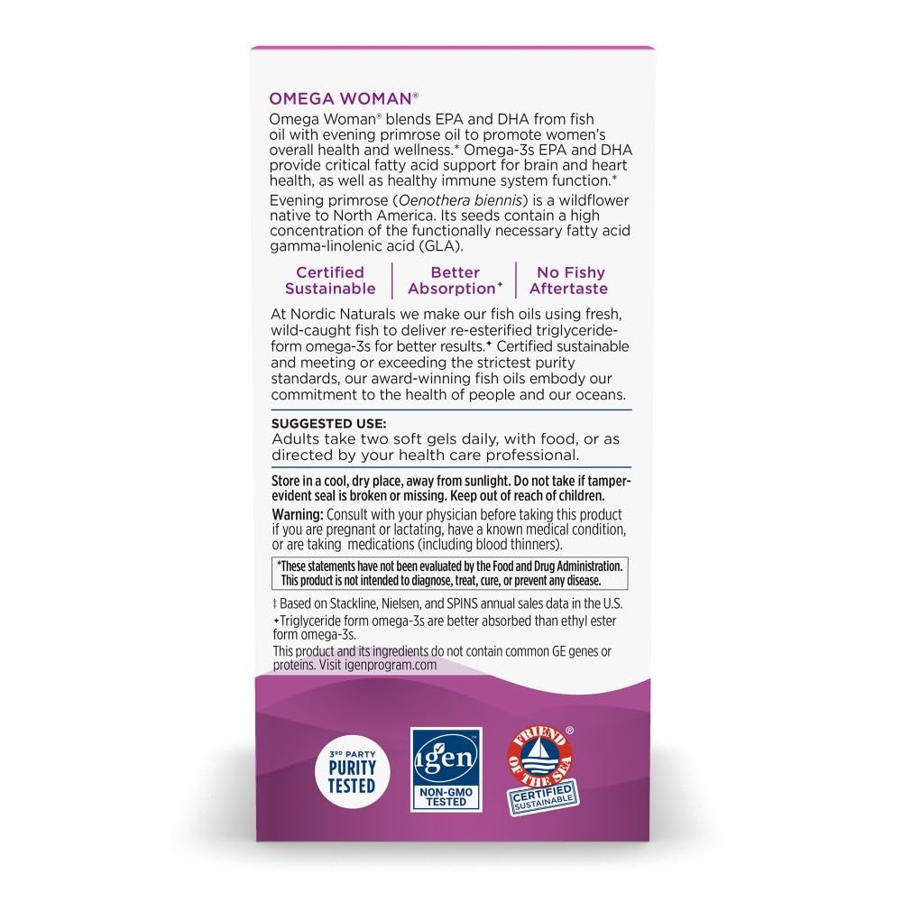 Close-up of Omega Woman gel capsules highlighting triglyceride form for better absorption.