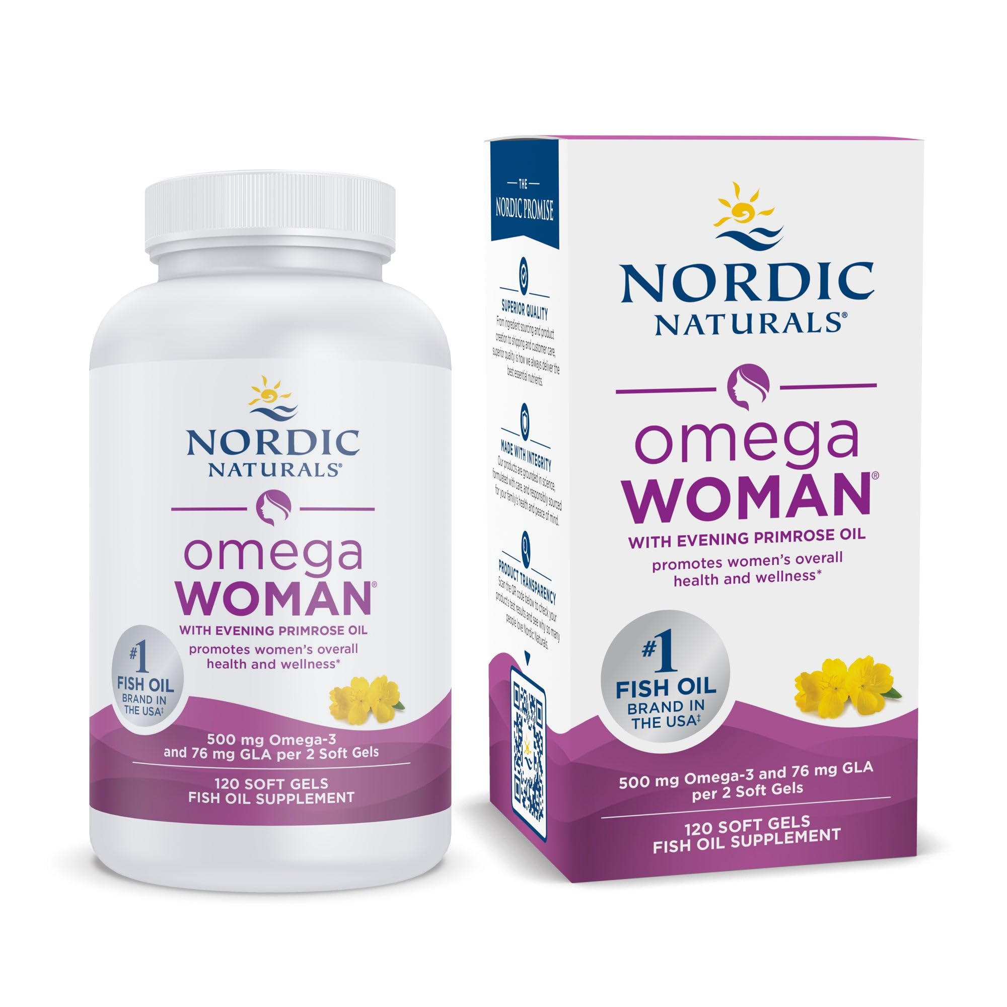 Nordic Naturals Omega Woman lemon bottle showcases bright flavor and skin-supporting omega-3 benefits.
