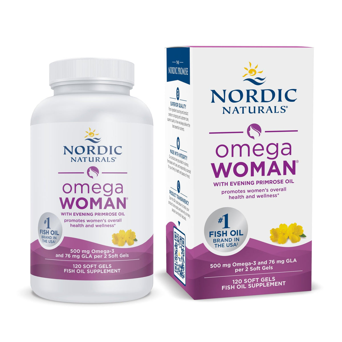Nordic Naturals Omega Woman lemon bottle showcases bright flavor and skin-supporting omega-3 benefits.